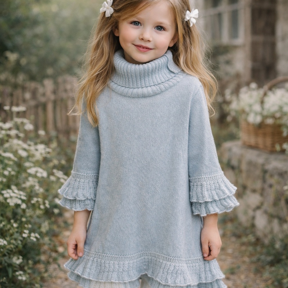 Chipie French Knit Sweater Dress Sage Green Ruffle Hem Turtleneck Girls 4Y - Picture 5 of 5